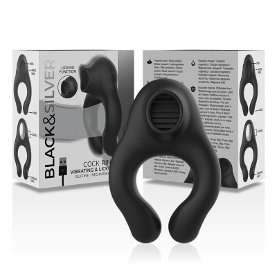 BLACK&SILVER - COCK RING VIBRATING & LICKING SILICONE RECHARGEABLE BLACK