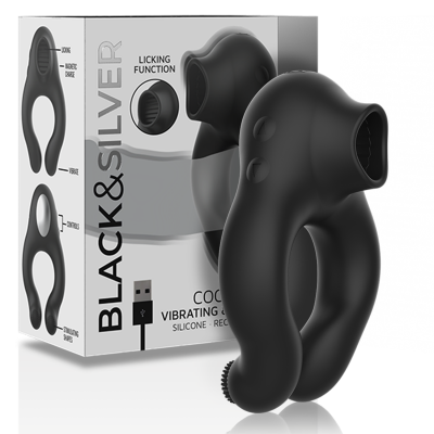 BLACK&SILVER - COCK RING VIBRATING & LICKING SILICONE RECHARGEABLE BLACK