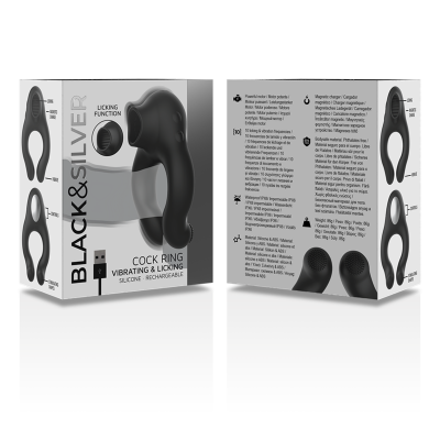 BLACK&SILVER - COCK RING VIBRATING & LICKING SILICONE RECHARGEABLE BLACK