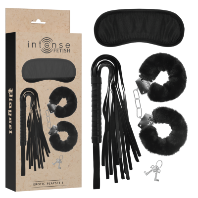 FETICHE INTENSO - PLAYSET ERÓTICO 1 COM ALGEMAS, MÁSCARA CEGA E FLOGGER
