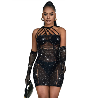 SUBBLIME - 952235 BODYSTOCKING DE REDE COM STRASS E LUVAS PRETAS TAMANHO ÚNICO