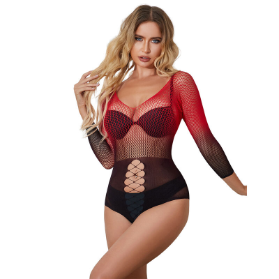 SUBBLIME - 952259 BODYSTOCKING DE REDE ELSTICA DE MANGA LONGA COM DEGRADÊ VERMELHO E PRETO TAMANHO ÚNICO